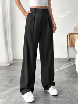 Buynewtrend - High-Waist Black Women’s Formal Pleated Trousers with Straight Legs