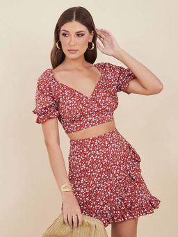 Styli - Multi-color Floral Print Crop Top And Frill Detail Mini Skirt Co-ord (Set of 2)