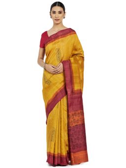 Fabindia - Silk Printed Mustard Saree without Blouse