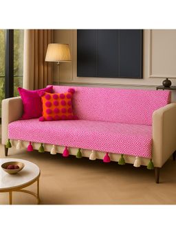 THROW PILLOW - Pink Aztec Printed Sofa Cover With White Tassels