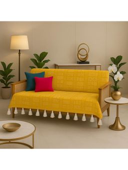 THROW PILLOW - Mustard Tribal Printed Sofa Cover With White Tassels