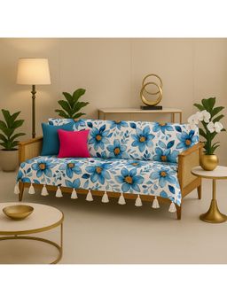THROW PILLOW - Blue Floral Printed Sofa Cover With White Tassels