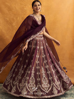 SWATHI VELDANDI - Brown Tissue Lehenga with Blouse and Dupatta (Set of 3)