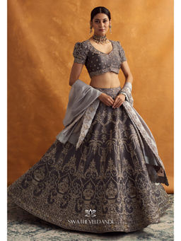 SWATHI VELDANDI - Grey Lehenga with Blouse and Dupatta (Set of 3)