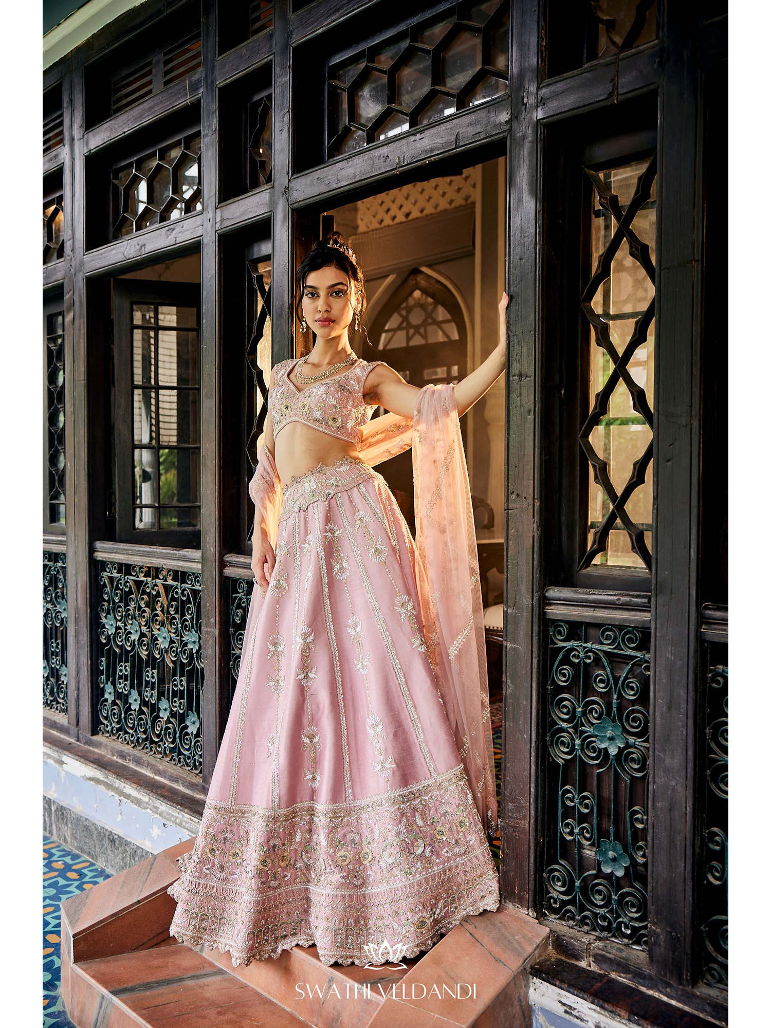 Buy SWATHI VELDANDI Lemonade Pink Lehenga with Blouse and Dupatta (Set of  3) Online