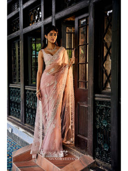 SWATHI VELDANDI - Lemonade Pink Saree and Stitched Blouse