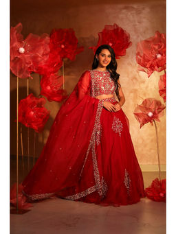 SWATHI VELDANDI - Red Organza Lehenga with Blouse and Dupatta (Set of 3)