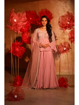 SWATHI VELDANDI - Glamorous Onion Pink Peplum Top and Sharara with Dupatta (Set of 3)