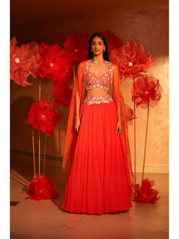SWATHI VELDANDI - Glamorous Orange Lehenga with Cape and Blouse (Set of 3)