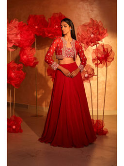 SWATHI VELDANDI - Radiant Red Lehenga with Bustier and Embroided Jacket (Set of 3)