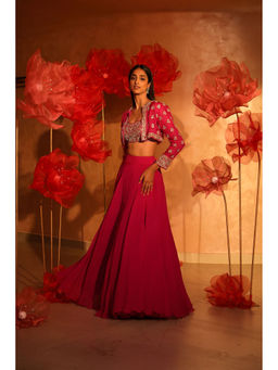 SWATHI VELDANDI - Melodic Magenta Pink Lehenga with Bustier and Embroided Jacket (Set of 3)