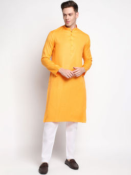 Devoiler - Men Self Design Orange Cotton Kurta