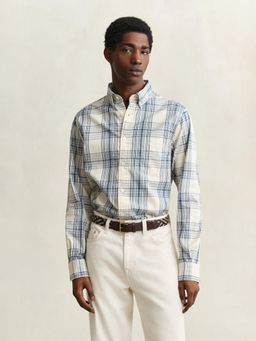 GANT - Cream Checked Regular Fit Oxford Shirt