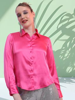 TOKYO TALKIES - Pink Spread Collar Satin Casual Shirt
