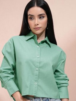 TOKYO TALKIES - Women Green Button Down Drop Shoulder Cotton Shirt