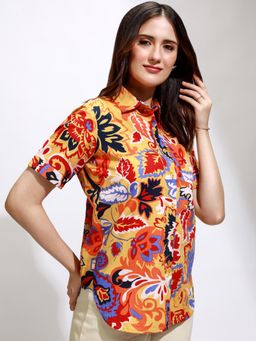 TOKYO TALKIES - Women Mustard Multi Printed Button Down Half Sleeve Shirt