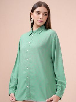 TOKYO TALKIES - Women Teal Printed Drop Shoulder Button Down Shirt