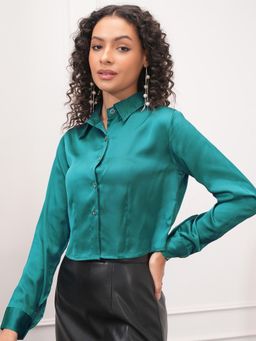 TOKYO TALKIES - Women Teal Solid Satin Fitted Cropped Shirt
