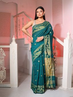 CHARUKRITI - Teal Cotton Handspun Saree with Woven Jamdani Borders with Unstitched Blouse
