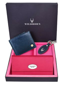 WILDHORN - Premium Leather Ladies Wallet, Mens Wallet and Keychain Gift -1K_RO_2052BLC_K (Set of 3)