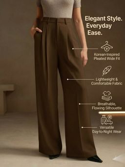 BROADSTAR - Womens Coffee Wide Fit Pleated Korean Trouser