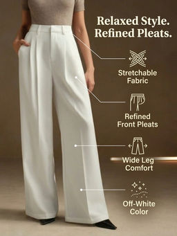 BROADSTAR - Womens Off White Wide Fit Pleated Korean Trouser