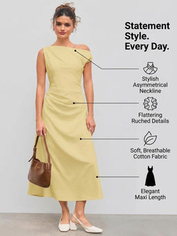 Cider - Asymmetrical Neck Solid Ruched Maxi Dress