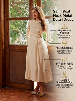 Cider - Satin Boat Neck Metal Detail Ruched Knotted Ruffle Dress