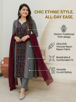 Gahan - Womens Viscose Rayon Straight Printed Kurta with Pant & Dupatta - Grey