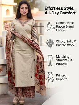 Gahan - Womens Cream Rayon Blend Solid Straight Kurta and Palazzo with Dupatta