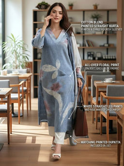 Gahan - Womens Grey Cotton Blend Printed Straight Kurta with Pant & Dupatta