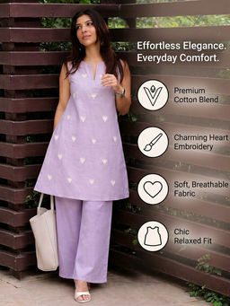 Gahan - Womens Cotton Blend Straight Embroidery Co-Ord Set - Lavender