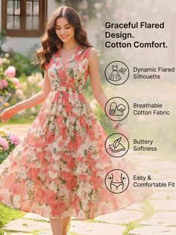 Sera - Women Pink Cotton Floral Flared Dress