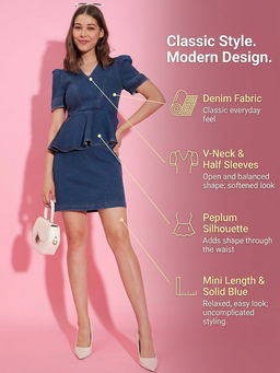 StyleStone - Women Blue Denim Lycra Peplum Style Dress