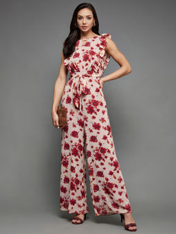 Miss Chase - Women's Multicolor Round Neck Sleeveless Wide Leg Floral Print Jumpsuit
