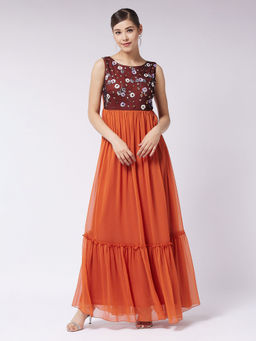 Miss Chase - Womens Rust Round Neck Sleeveless Embellished Maxi Dress