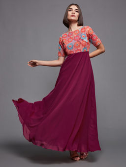 Miss Chase - Womens Multicolor Boat Neck Embellished Fit & Flare Georgette Maxi Dress