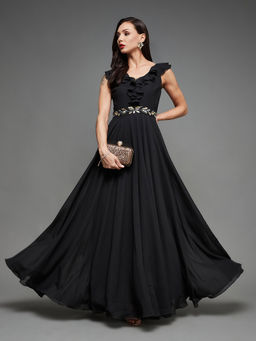 Miss Chase - Women's Black Sleeveless Embroidered Ruffled Georgette Maxi Party Dress