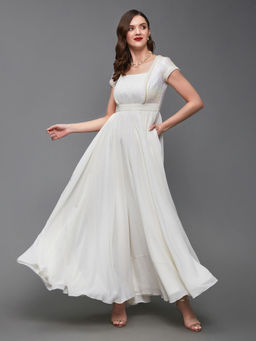 Miss Chase - Women's Off White Square Neck Frilled Panelled Georgette Maxi Party Dress