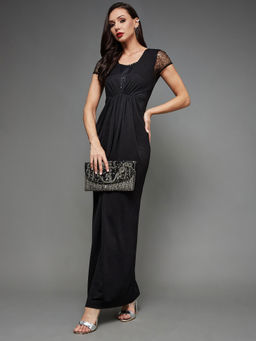 Miss Chase - Womens Black Sweetheart Neck Embellished Gathered Maxi Party Dress
