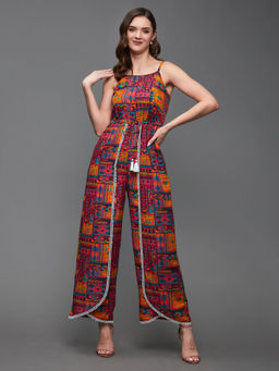 Miss Chase - Women's Multicolor Square Neck Sleeveless Printed Laced Rayon Jumpsuit