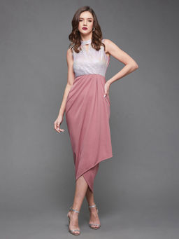 Miss Chase - Womens Dusty Pink Keyhole Neck Self Design Draped Polyester Midi Dress