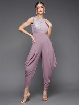 Miss Chase - Womens Dusty Lavender Round Neck Sleeveless Embellished Regular Jumpsuit