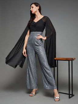 Miss Chase - Womens Black & Silver Embellished Ruching Polyester Jumpsuit