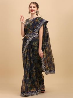 Nyri - Navy Blue Shinny Organza Printed Floral Sequinned Belted Saree with Unstitched Blouses