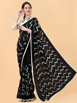 Nyri - Blooming Black Stripe Embroidered Saree with Unstitched Blouse