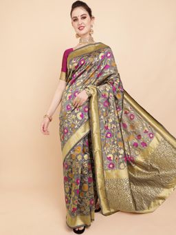 Nyri - Silk Blend Grey Colored Banarasi Heavy Work Zari Saree with Unstitched Blouse