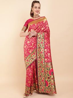 Nyri - Pink Silk Blend Woven Design Banarasi Zari Work Saree with Unstitched Blouse