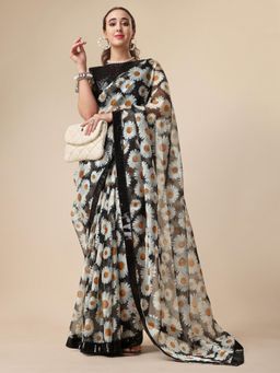 Nyri - Shinny Black Organza Printed Festive Designer Saree with Unstitched Blouse
