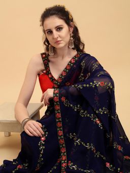 Nyri - Blue Pure Georgette Batik Sequinned Border Saree with Unstitched Blouse